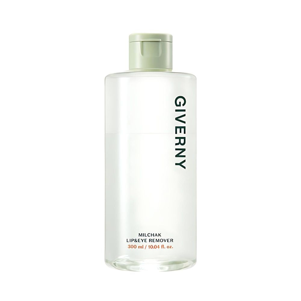 GIVERNY Milchak Lip & Eye Remover 300ml, a gentle yet effective makeup remover designed to effortlessly cleanse the delicate lip and eye areas. This 300ml bottle contains a dual-phase formula that combines oil and water to remove long-wearing and waterproof makeup without irritation.