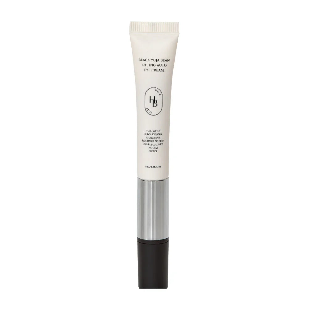 HEVEBLUE Black Yuja Bean Lifting Auto Eye Cream 15ml in a black and yellow container.