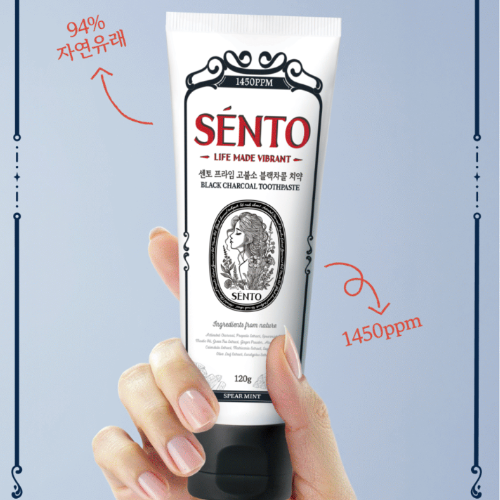 SENTO Prime High-Fluoride Black Charcoal Toothpaste (Spearmint Flavor) - 4 Pack (120g x 4)