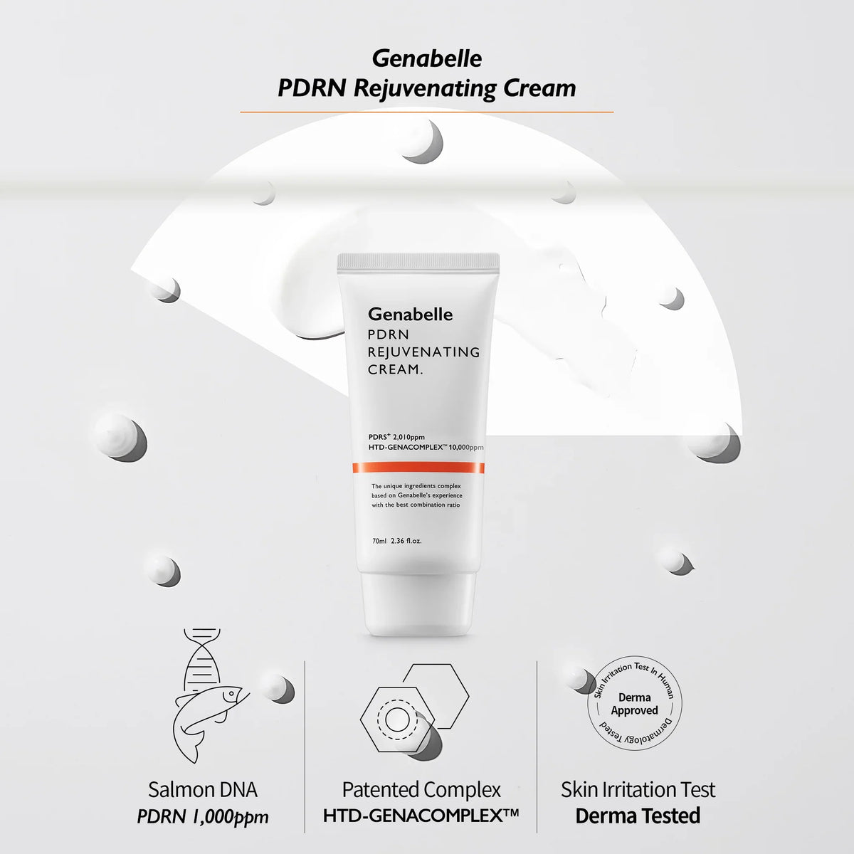 White and gold 70ml Genabelle PDRN Rejuvenating Cream, a luxurious skincare product.